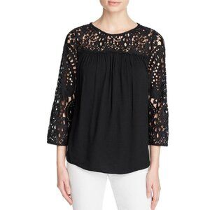 Joie Lindy Top Crochet Lace 3/4 Sleeve Relaxed Flowy Baby Doll Blouse Black‎ XS